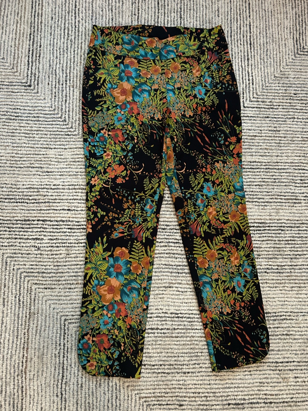 Soft Surroundings Boho Floral Printed Black Pants Teal & Orange Blooms Size M
